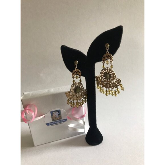 Vintage Gold Tone Filigree Pierced Wire Chandelier Dangle Earrings Chartreuses - Picture 1 of 10